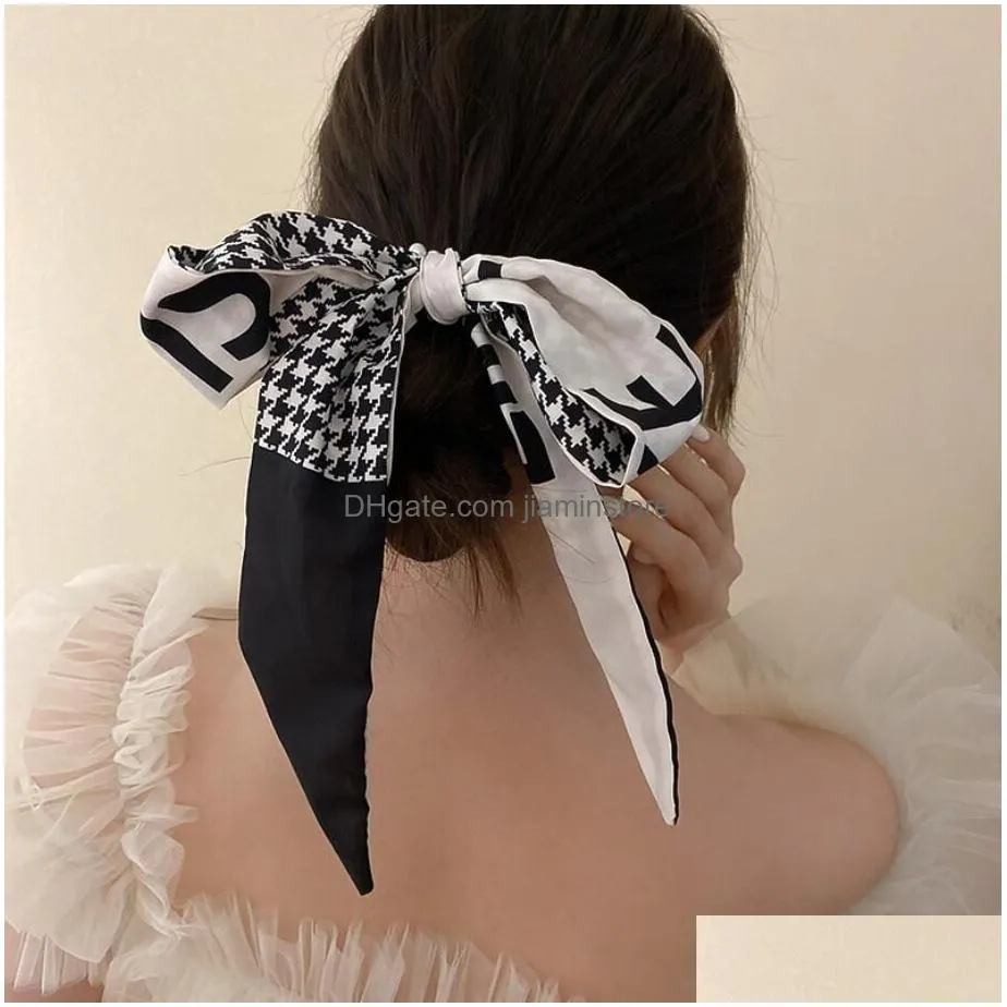 Headbands Fashion Korea Long Ribbon Pearls Hair Bands Headbands Bow Scrunchies For Women Girls Summer Floral Print Pontail Ties Drop Dhwox