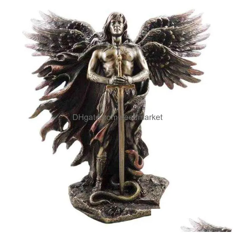 bronzed seraphim six-winged guardian angel with sword and serpent big statue resin statues home decoration 211229