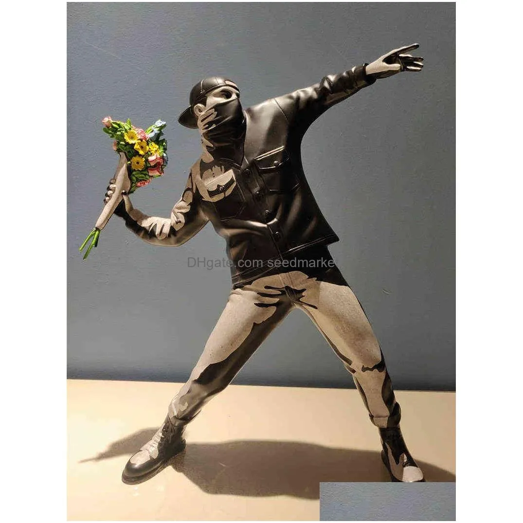 modern art banksy flower bomber resin figurine england street sculpture statue polystone figure collectible 211229