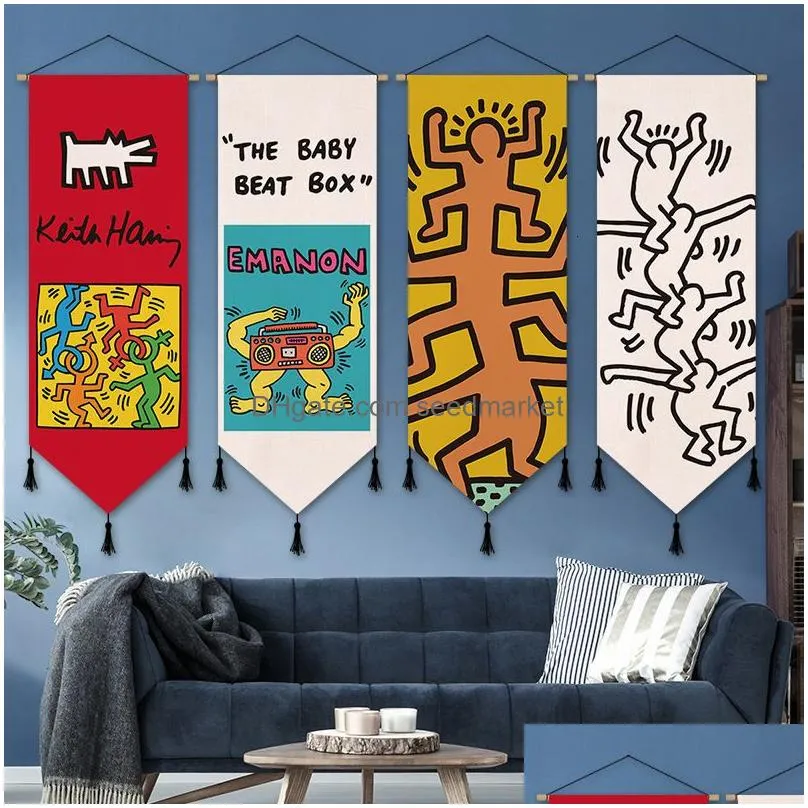 tapestries creative graffiti tapestry keiths harings cloth wall hanging painting rugs blanket hippie background room decoration 230104