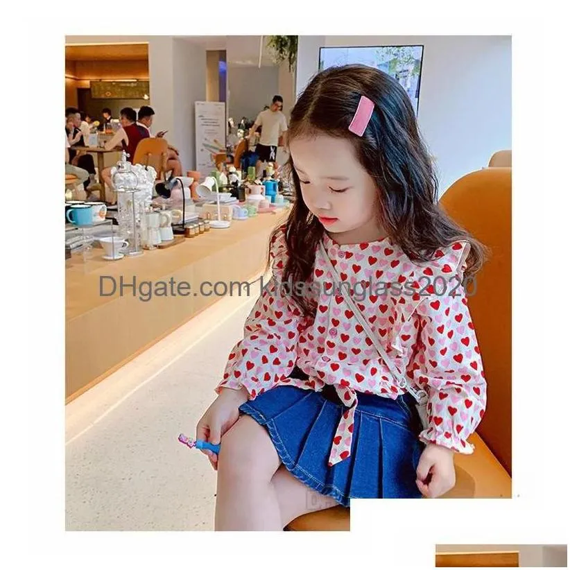 clothing sets 2022 spring kids girls love heart printed fal fly sleeve shirtadddenim pleated skirt shorts 2pcs valentines day childr
