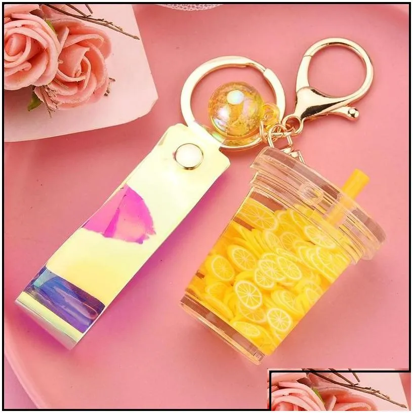 decompression toy decompression toy creative milk tea cup simation fruit piece floating leather rope keychain pendant cute girl bag