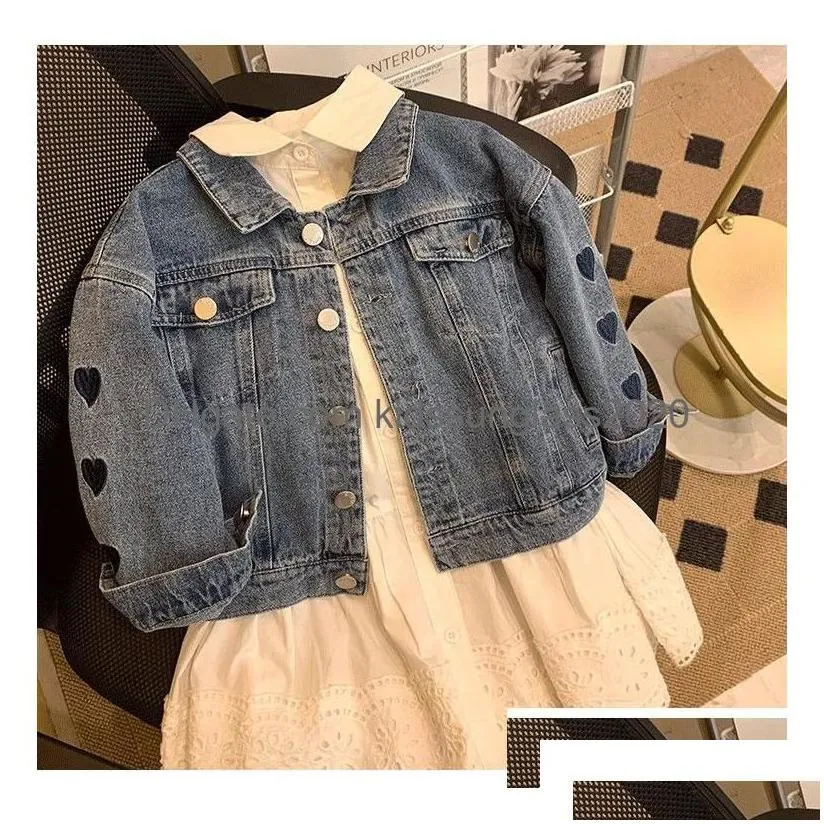 jackets girls love heart embroidery denim jacket kids lapel single breasted long sleeve outwear fashion children casual clothes q917