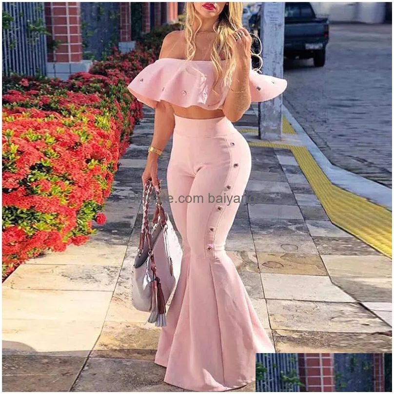 women two piece outfits off shoulder ruffle crop tops and flare pants 2 piece set summer club party festival set 210721