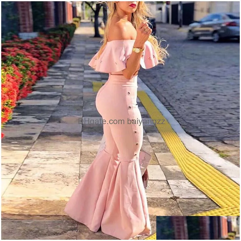 women two piece outfits off shoulder ruffle crop tops and flare pants 2 piece set summer club party festival set 210721