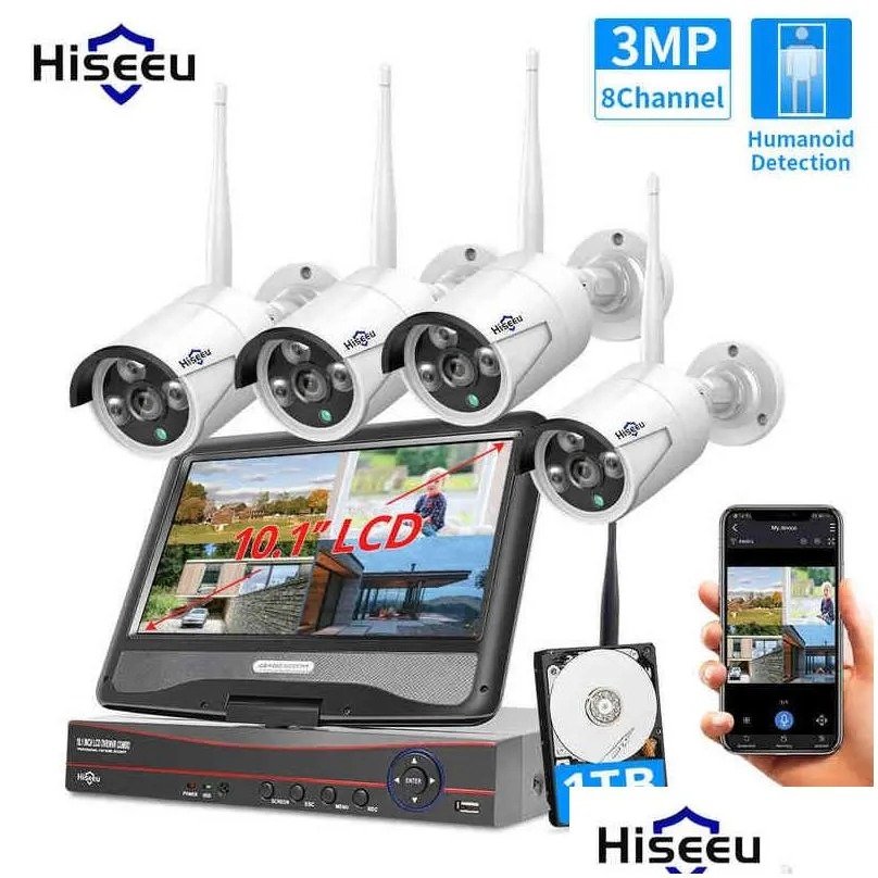 hiseeu 3mp 8ch wireless camera cctv kit 10.1 lcd monitor 1536p outdoor security camera system wifi nvr kit aa220315