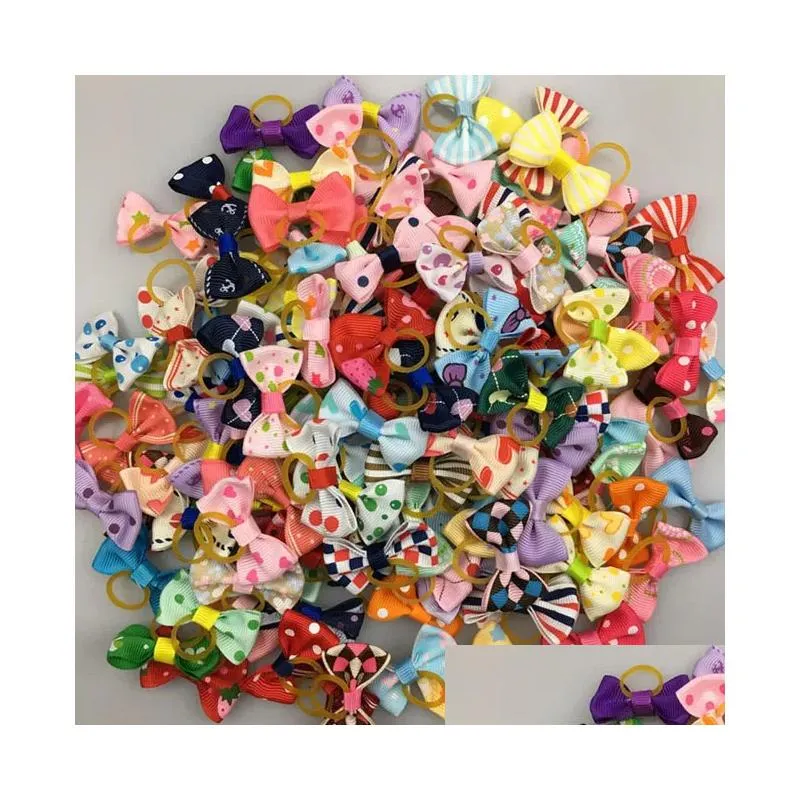 100 pieces/lot cute ribbon pet grooming accessories handmade small dog cat hair bows with elastic rubber band 121 colors lj201130