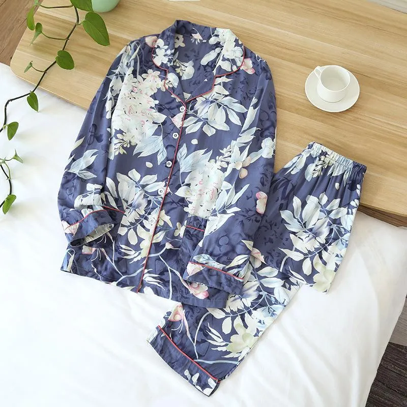 cotton silk pajamas women spring and summer long sleeve thin set rayon cotton printed leisure home wear two-piece set