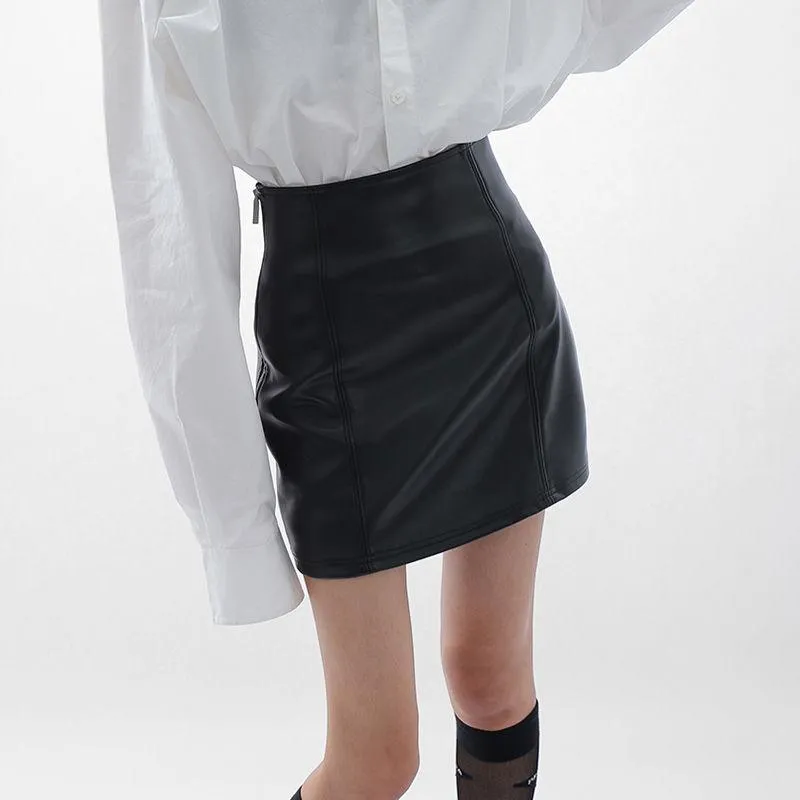 spice girl black leather skirt high-waisted slimming a-line skirt autumn/winter 2022 with boot-wrapped hip skirt children