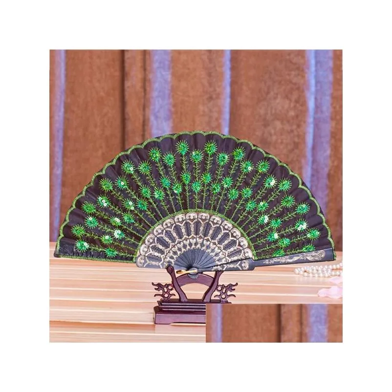 chinese classical dance folding fan party favor elegant colorful embroidered flower peacock pattern sequins female plastic handheld fans gifts wedding