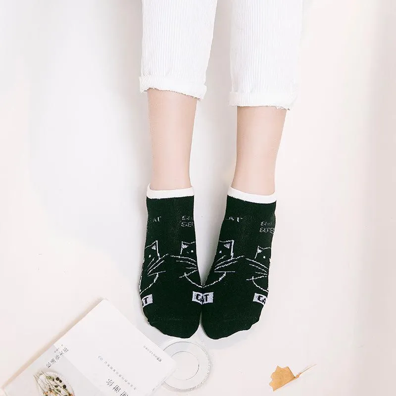 womens cartoon socks spring summer boat socks cat head boat socks black and white cat cotton womens socks zhuji socks