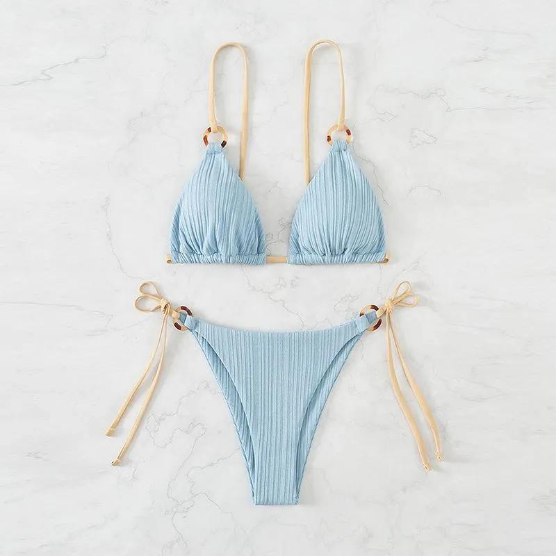 2023 swimsuit female two-piece bikini set fairy style sex sense pure color lace-up swimsuit female