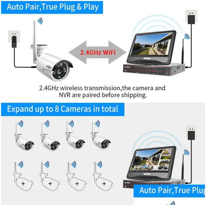 hiseeu 3mp 8ch wireless camera cctv kit 10.1 lcd monitor 1536p outdoor security camera system wifi nvr kit aa220315