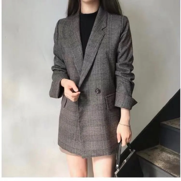 plaid suit jacket women loose 2023 spring and autumn students retro small suit top