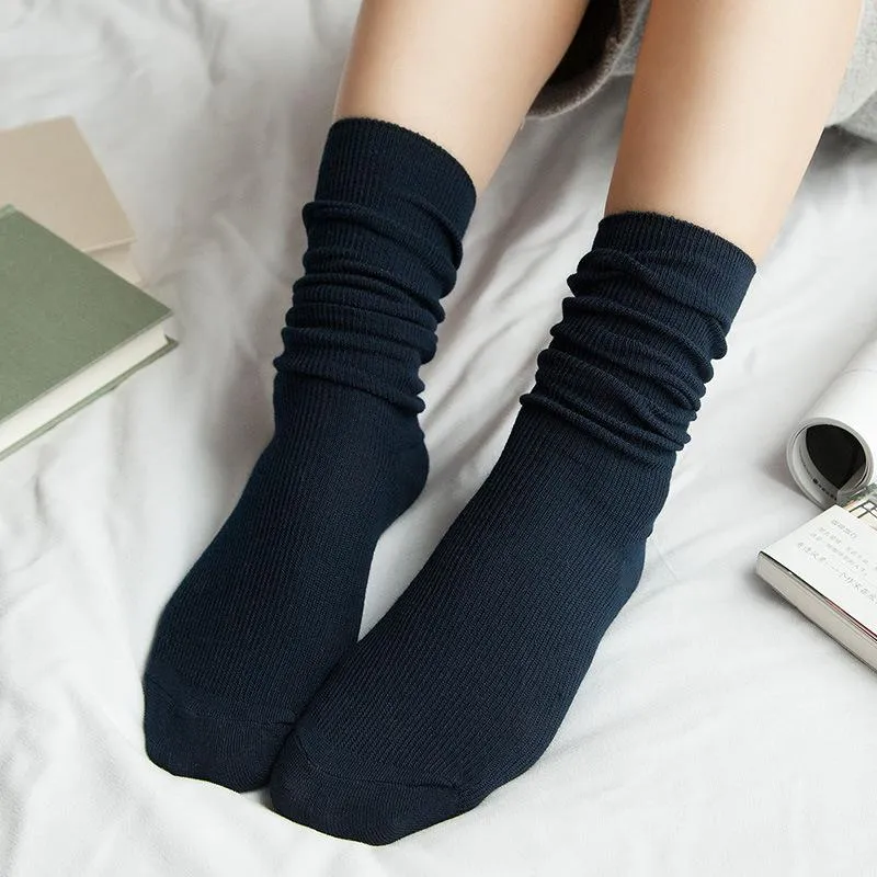 vintage autumn winter vertical bar solid color double needle candy cotton pile socks academy womens mid-tube socks