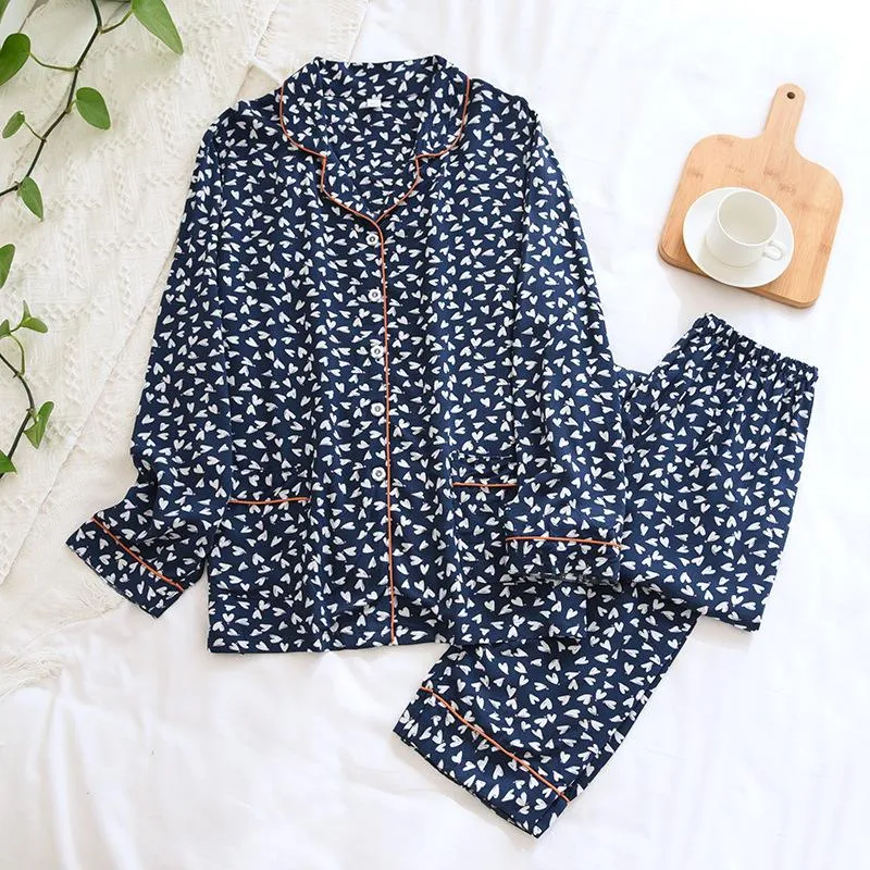 cotton silk pajamas women spring and summer long sleeve thin set rayon cotton printed leisure home wear two-piece set