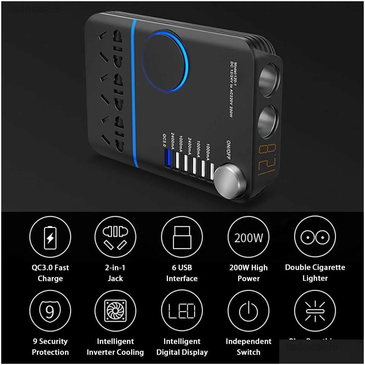 Car Jump Starter&Power Inverter Jump Starter Car 200W 12V24V To 220V Cigarette Lighter Power Supply Inverter Adapter With Qc 30 5 Usb Dhvnd