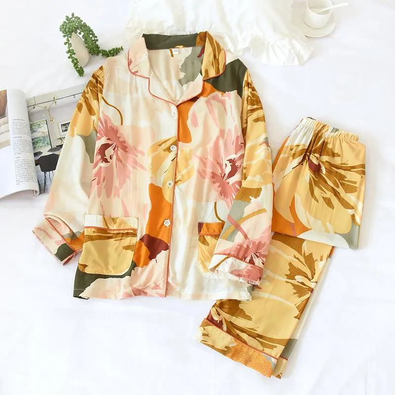 cotton silk pajamas women spring and summer long sleeve thin set rayon cotton printed leisure home wear two-piece set