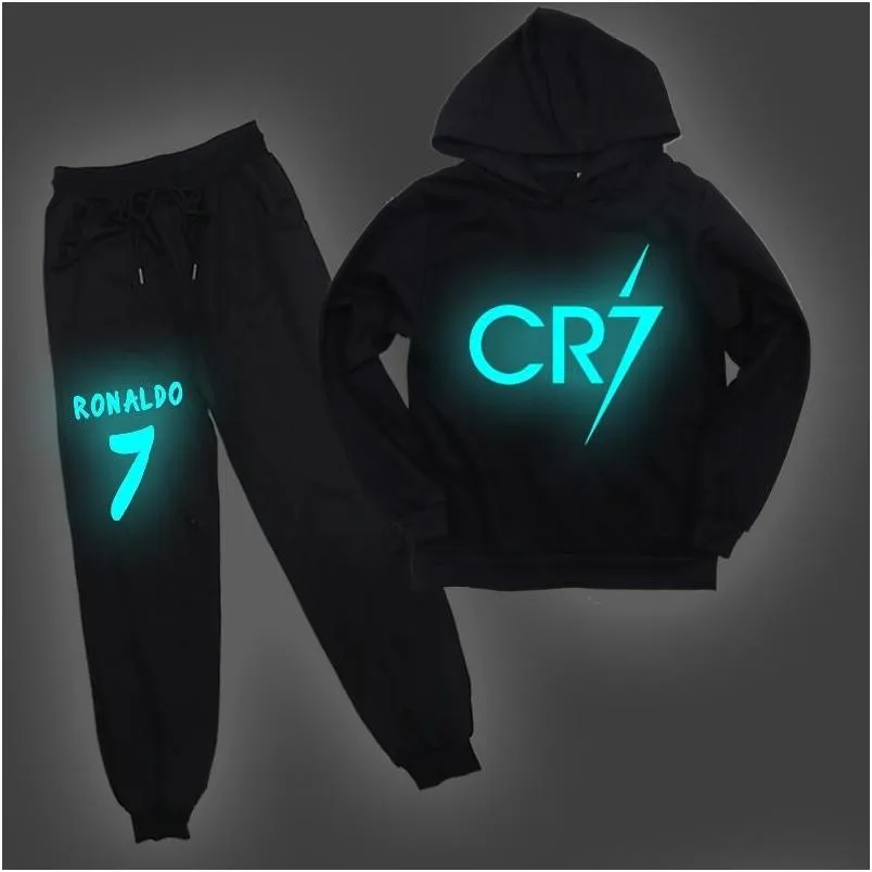 cr7 ronaldo kids hoodies pants 2pcs/set tracksuit children unsex casual luminous hooded sweatshirt and harem pants for 2-14y 201127
