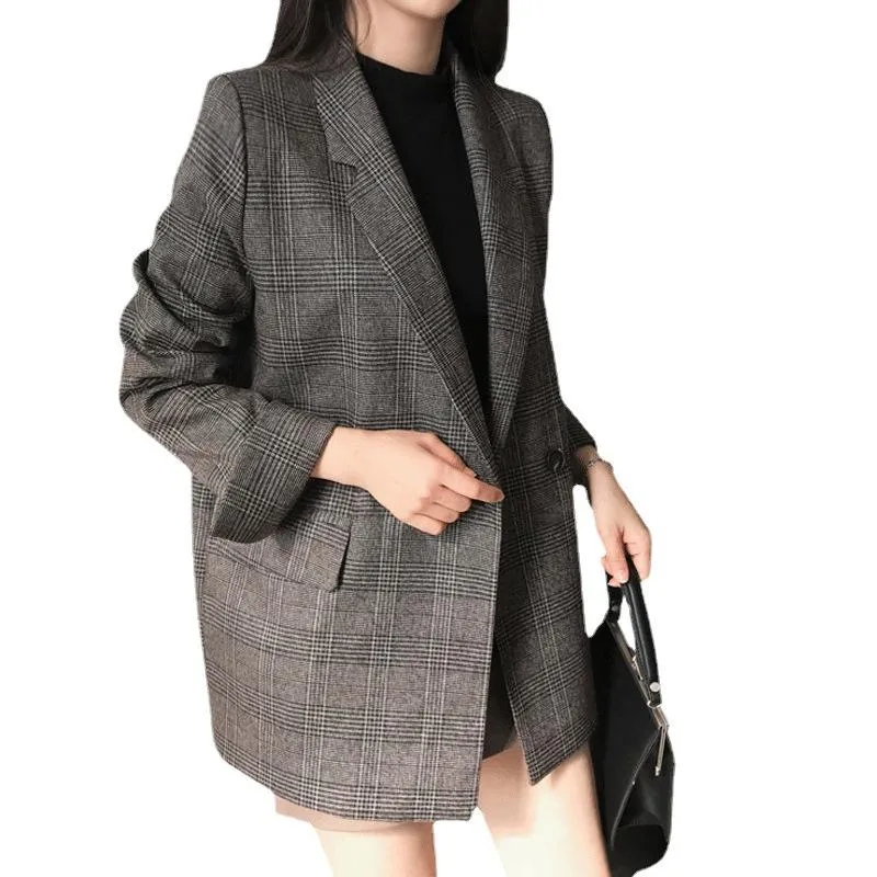 plaid suit jacket women loose 2023 spring and autumn students retro small suit top