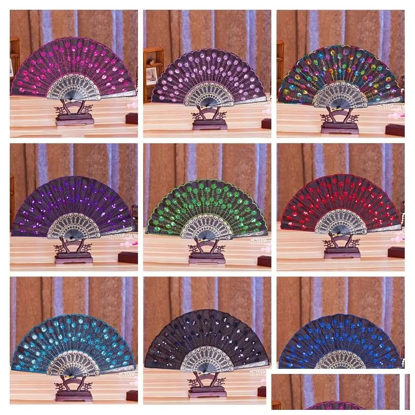 chinese classical dance folding fan party favor elegant colorful embroidered flower peacock pattern sequins female plastic handheld fans gifts wedding