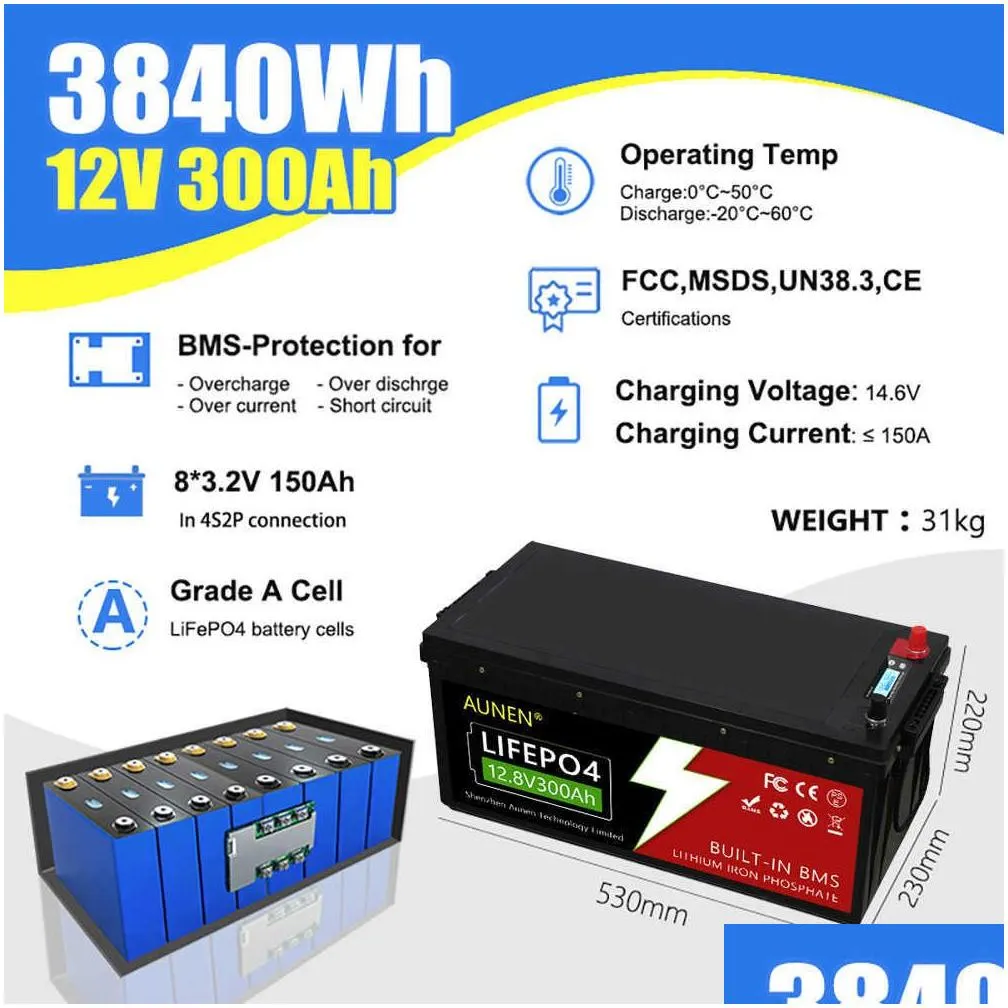 Batteries Aunen 12V Lithium Ion Batterie Phosphate 12V100Ah 12V200Ah