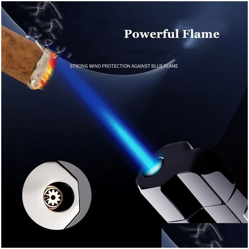  windproof cigarette torch cigar lighter side press ignition metal  lighter blue flame refillable butane gas lighters gadgtes