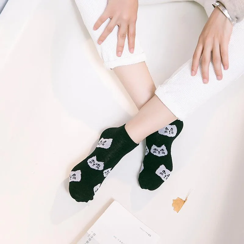 womens cartoon socks spring summer boat socks cat head boat socks black and white cat cotton womens socks zhuji socks