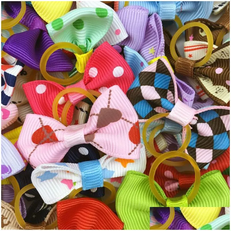 100 pieces/lot cute ribbon pet grooming accessories handmade small dog cat hair bows with elastic rubber band 121 colors lj201130