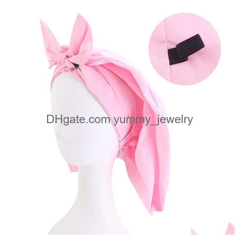 Big Bow Satin Bonnet Long Hair Hats Knotted Waterproof Shower Cap Women Night Sleep Hat Head Er Drop Delivery Dhmhu