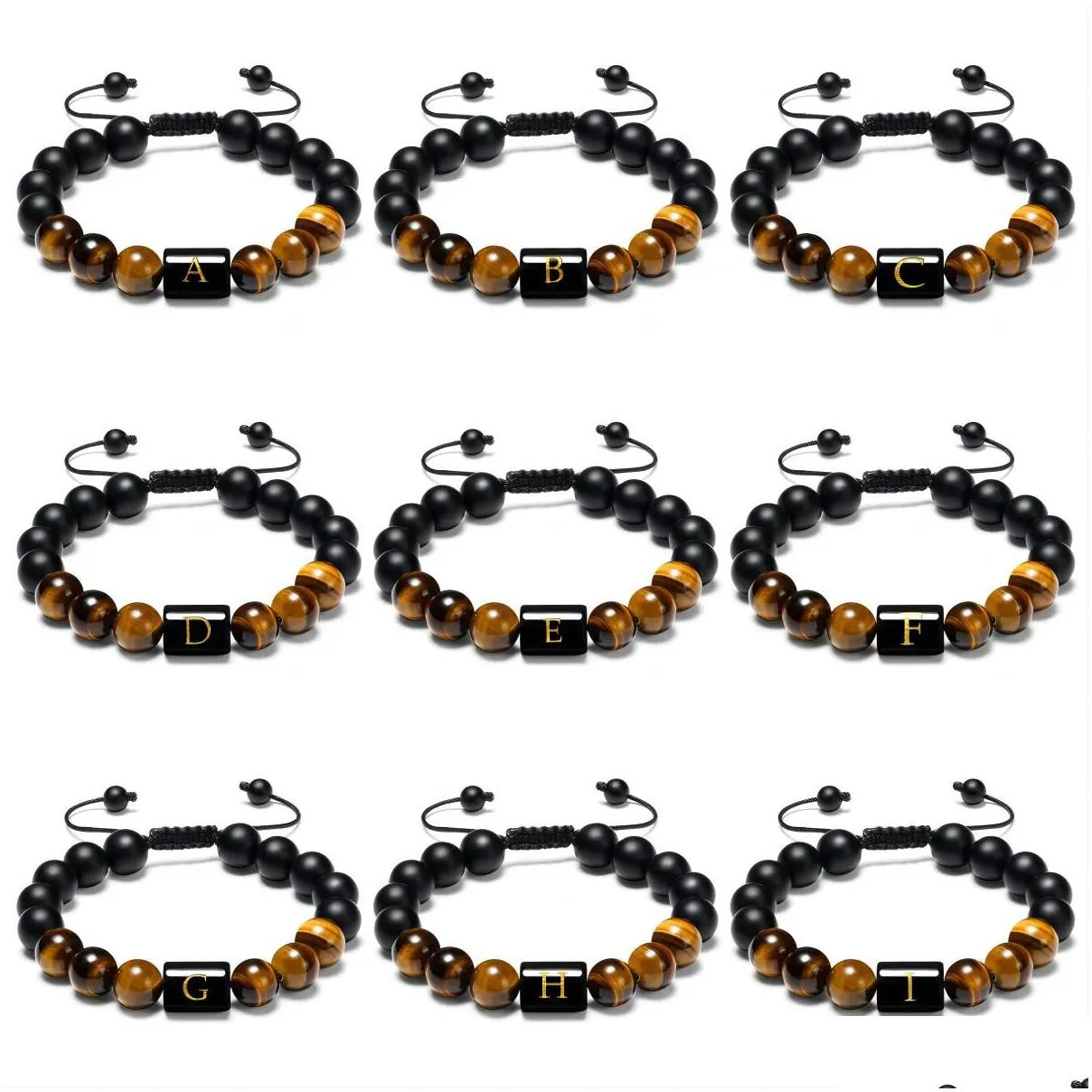 Charm Bracelets Initials Bracelets For Men Letter Link Handmade Natural Black Onyx Tiger Eye Stone Beads Braided Rope Meaningf Bracel Dh07P