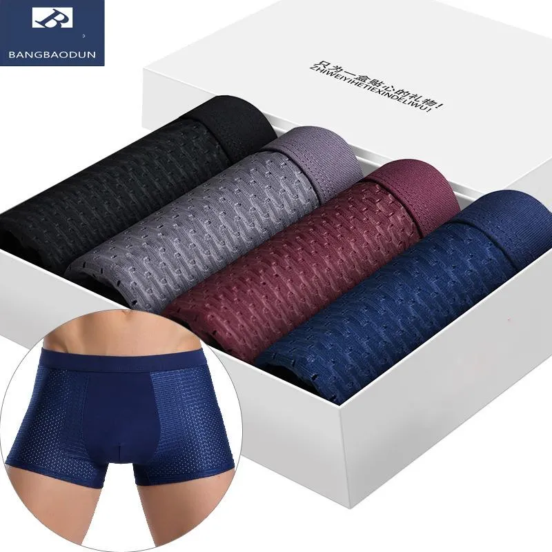 4 pairs of gift box mens underwear ice silk boxers sexy youth loose mesh boxers