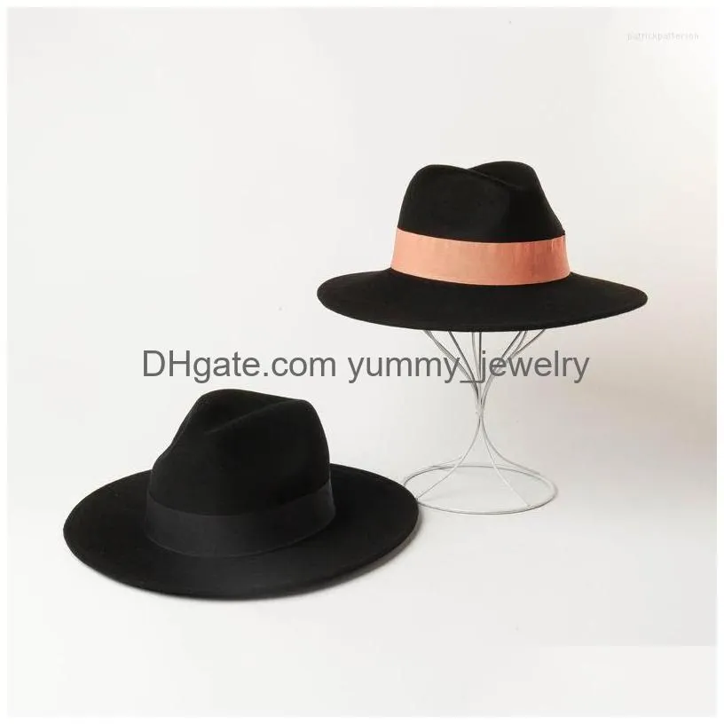 Berets 202210-Hh2025B Autumn Winter Wool Ribbon Fedoras Cap Men Women Jazz Panama Hat Drop Delivery Dhoib