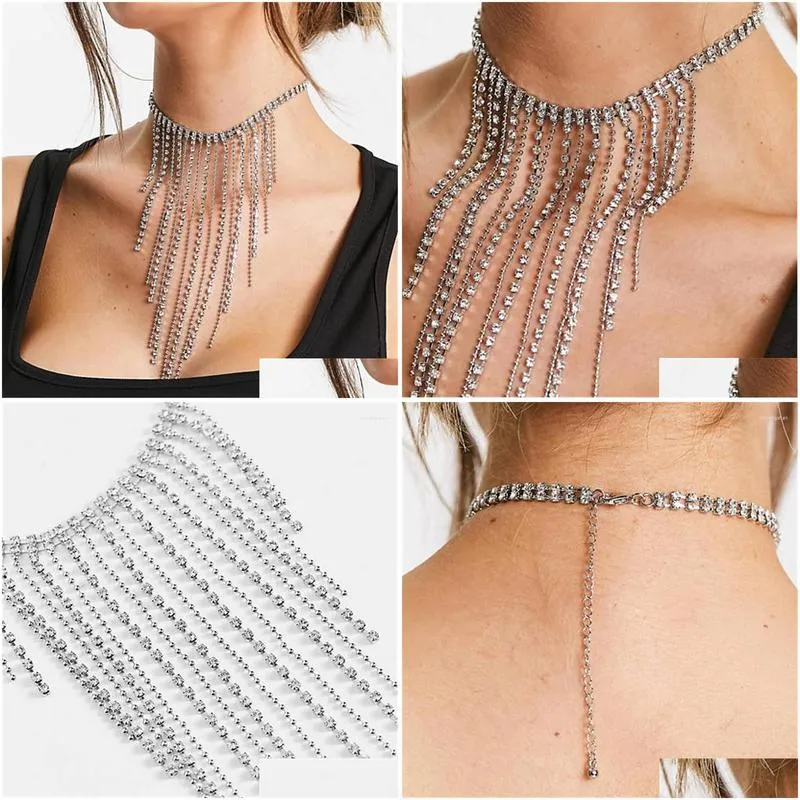 Pendant Necklaces Luxury Shine Rhinestone Longassel Necklace Elegant Fashion Crystal Collarbone Chain Claw Ladies Wedding Drop Delive Dhdho