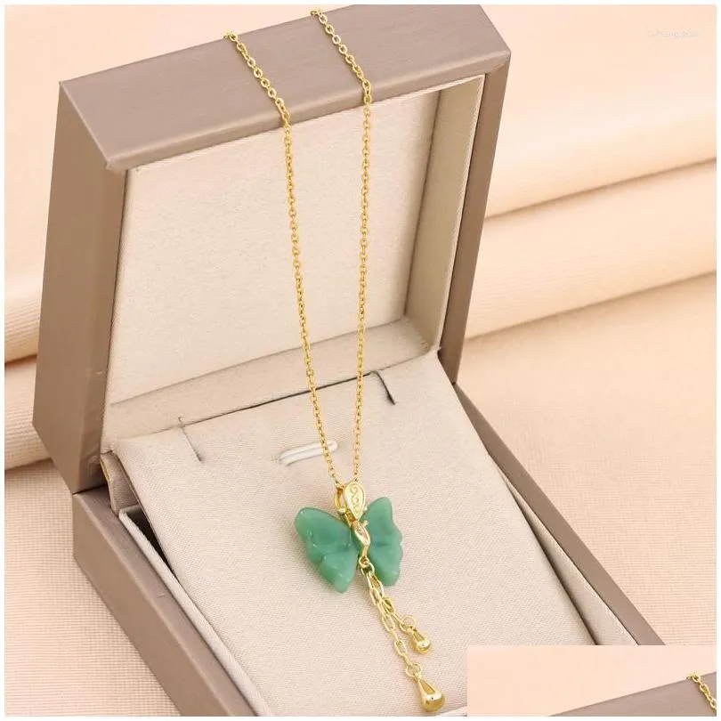 Pendant Necklaces Vintage Elegant Green Butterfly For Women Trendy Female Tassels Neck Chain Jewelry Ladies Party Accessories Drop De Dhuyv