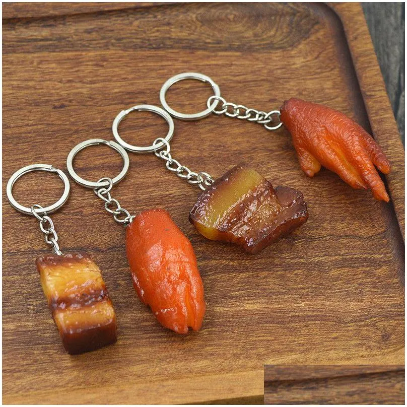 Novelty Items Simation Food Keychain Pvc Fake Braised Pork Trotter Roasted Chicken Pendant Artificial Creative Foods Key Ring Drop Del Dh8Zi