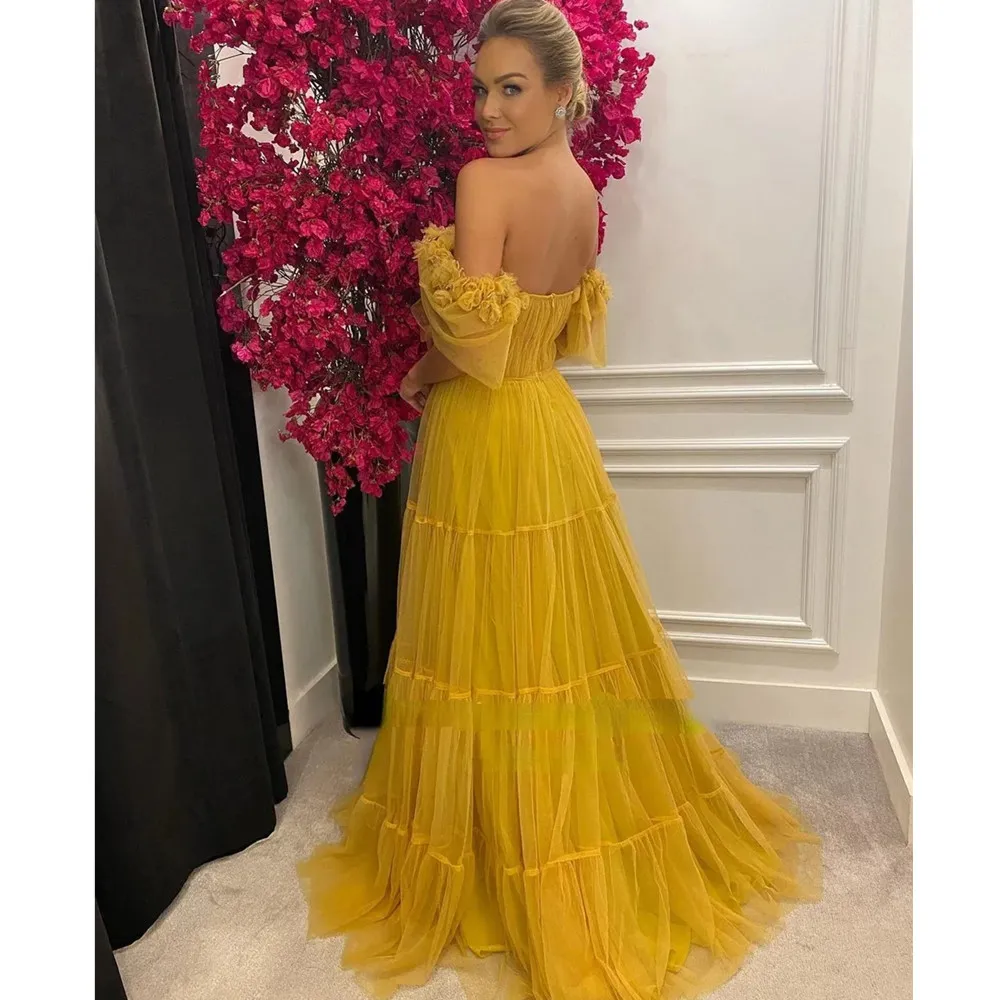 Yellow Sweetheart A-Line Prom Dresses Off the Shoulder 3D Flowers Tiered Tulle Evening Dresses Open Back Formal Prom Gowns YD