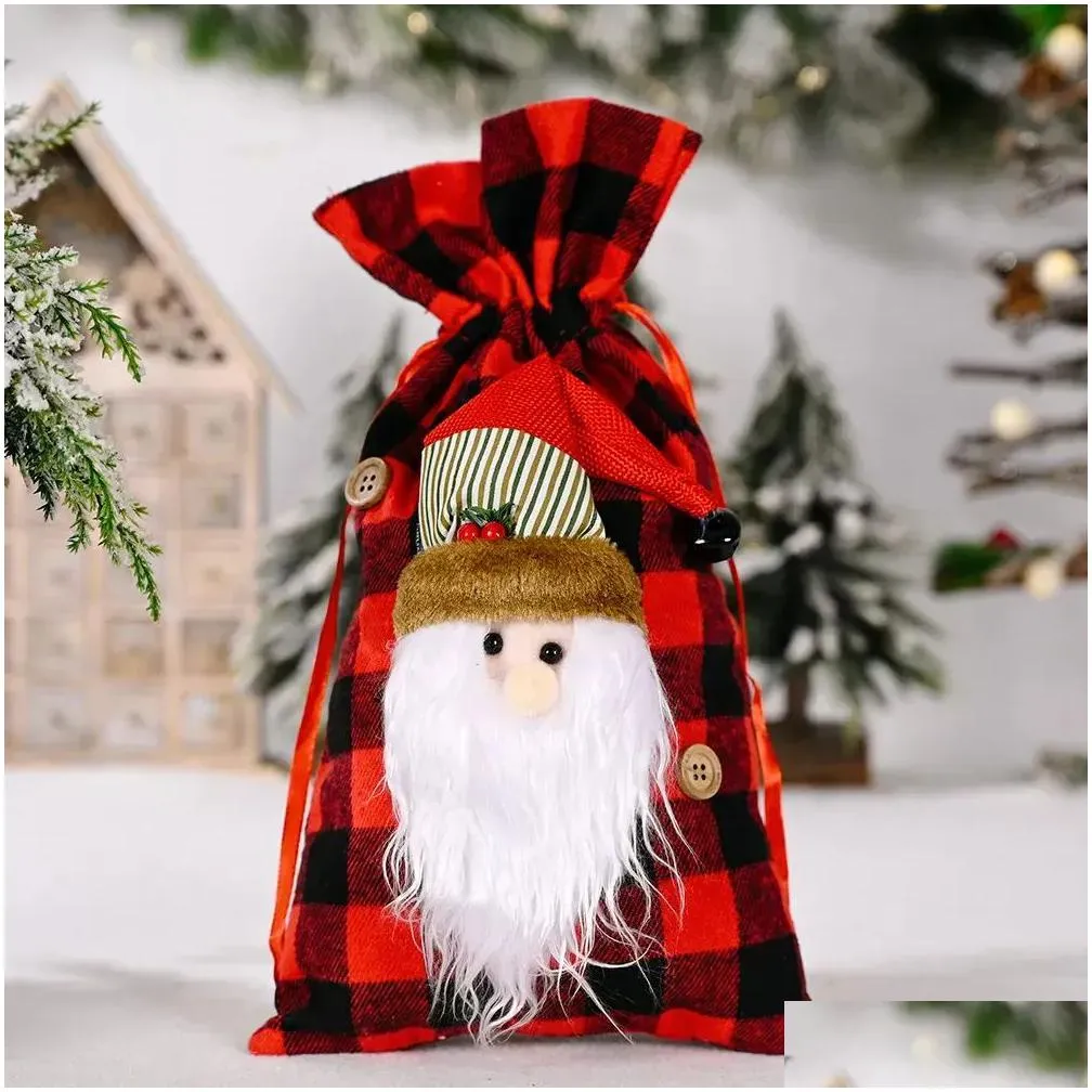 christmas santa sacks  plaid snowman reindeer candy gift xmas treats drawstring bags party supplies