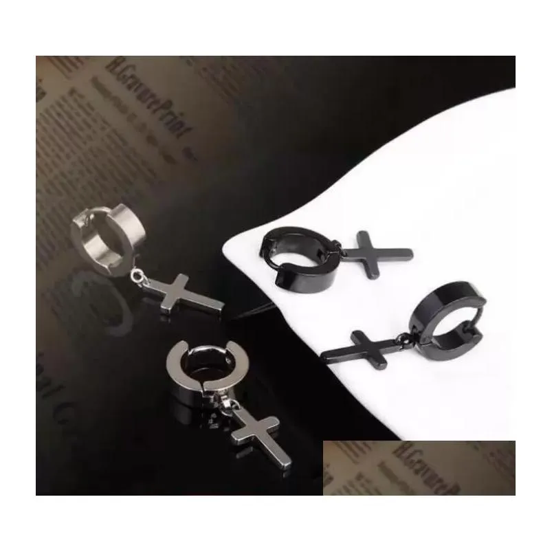 Dangle & Chandelier Allergy Cross Ear Clasp Dangle Fashionable Titanium Punk Studs Stainless Steel Earrings For Men Women 4 Colors Dr Dhhpt