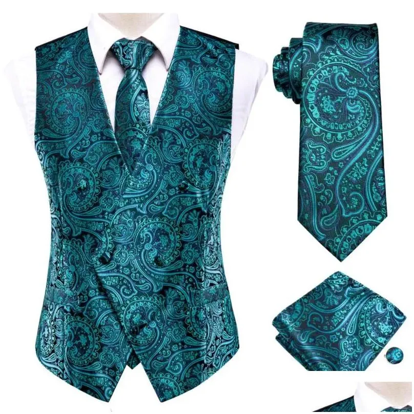 mens vests hi-tie teal green floral paisley silk men slim waistcoat necktie set for suit dress wedding 4pcs vest hanky cufflink