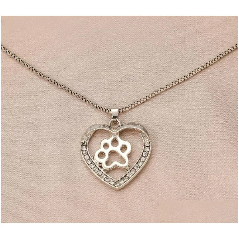 Pet Dog Paw Footprint Hollow Love Heart Pendant Sier Color Choker Necklaces For Drop Delivery Otqbo