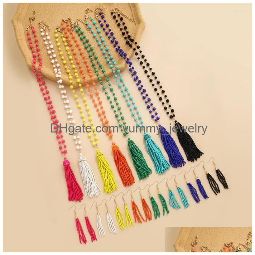 Pendant Necklaces Rice Bead Necklace Originality Fashion Geometry Hand Knitting Bohemia Adjustable Simple Beaded And Earring Set Drop Dhjem