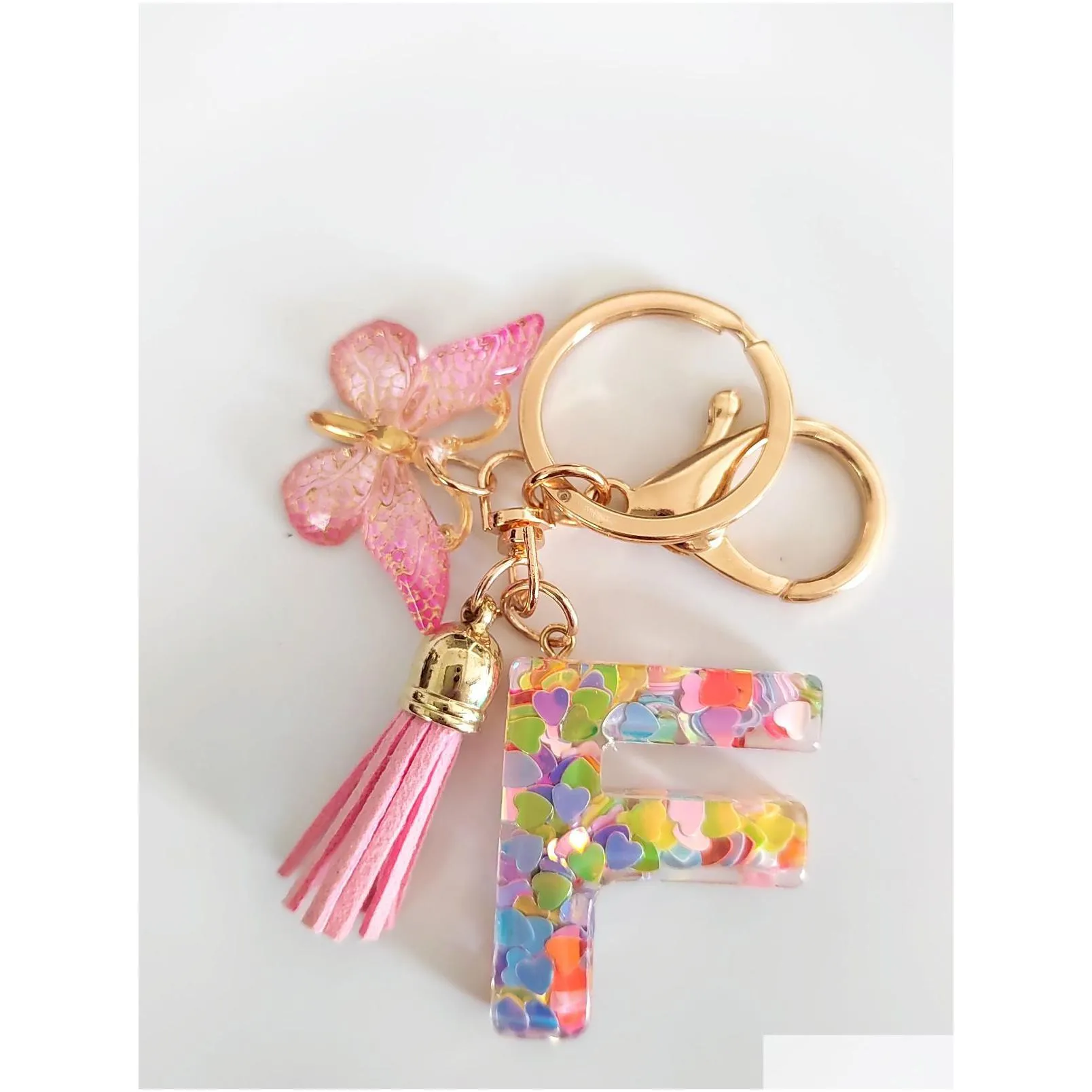 Key Rings Initial Pink Letter Keychains For Girls Women Cute Butterfly Heart Keychain Backpack School Bag Drop Delivery Jewelry Dhl82