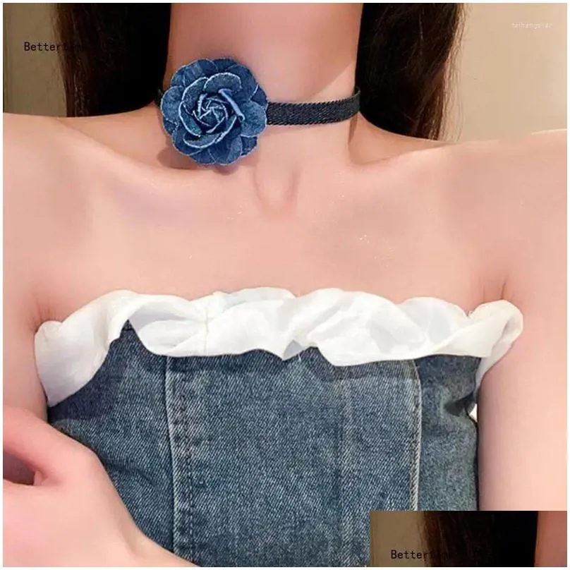 Pendant Necklaces B36D Korean Denim Flower Necklace Handmade Choker Party Jewelry Drop Delivery Dhnof