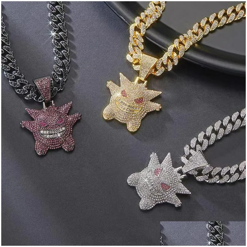 Diamond-Encrusted Elf Hip Hop Pendant Alloy Fl Diamond-Rhinestone Cuban Chain Necklace Jewelry Gift For Men And Drop Delivery Dhi1J