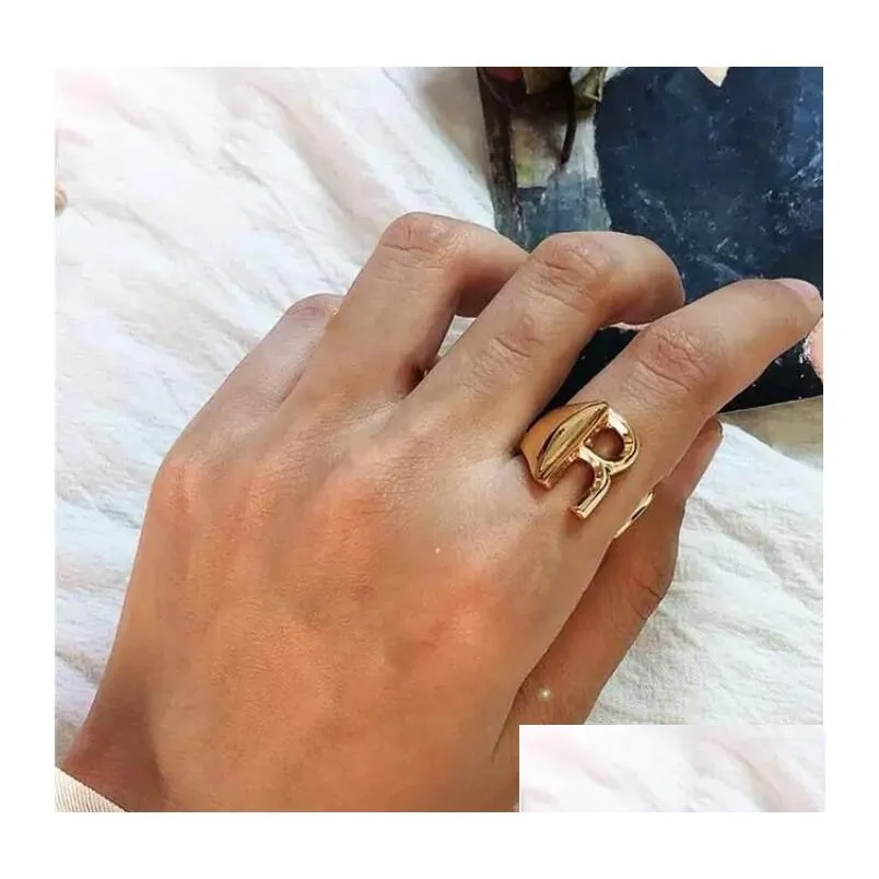 Gold Bold Initial Letter Open Ring Adjustable Women Statement Rings Personalised Engraved Signet Punk For Drop Delivery Otn6R