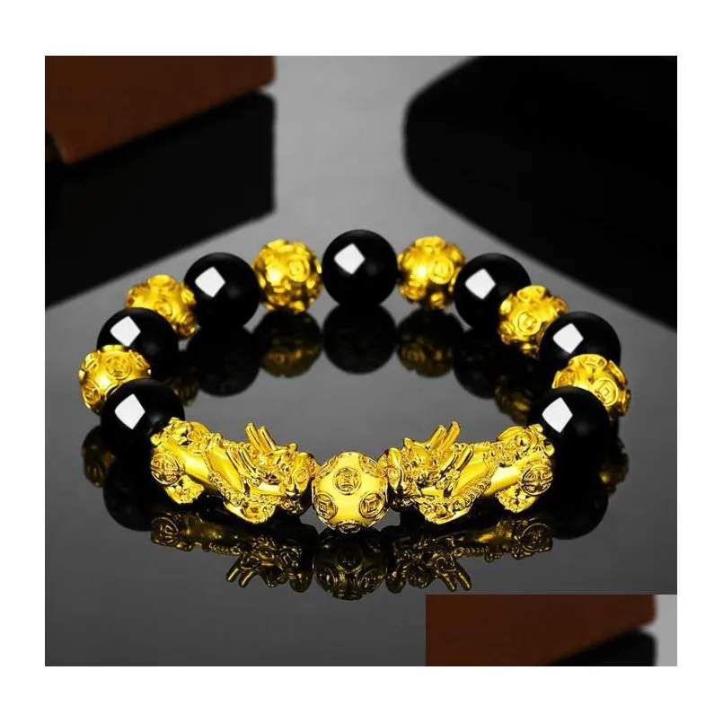 Beaded Good Luck Wealth Beaded Strands Bracelets Black Obsidian Beads Pixiu Bracelet Feng Shui Prosperity Pi Xiu For Men Women Jewelr Dhlwo