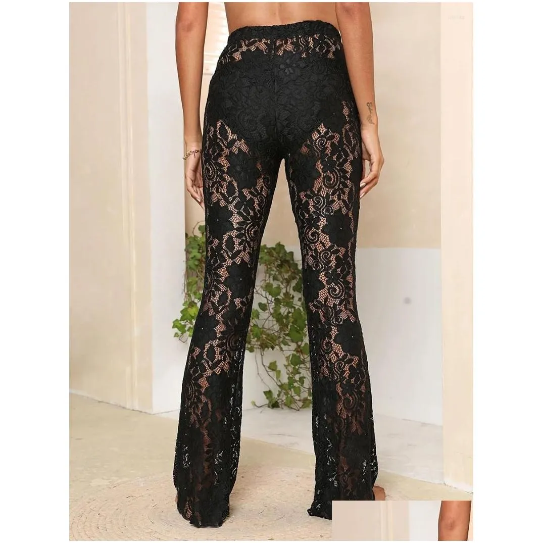 women`s pants women sexy lace see through sheer mesh high waist stretchy slim trouser hollow out skinny flare bell-bottoms