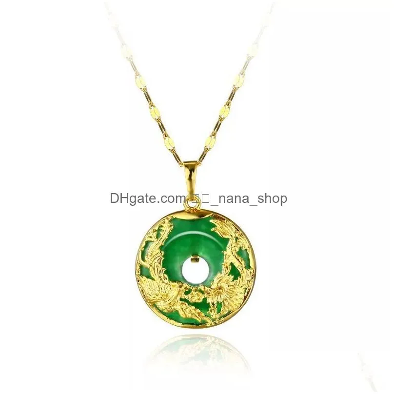 Pendant Necklaces Necklaces Pendant Mgfam 173P Dragon And Phoenix Necklace For Women Green Malaysian Jade China Ancient Mascot 24K Gol Dhkpo