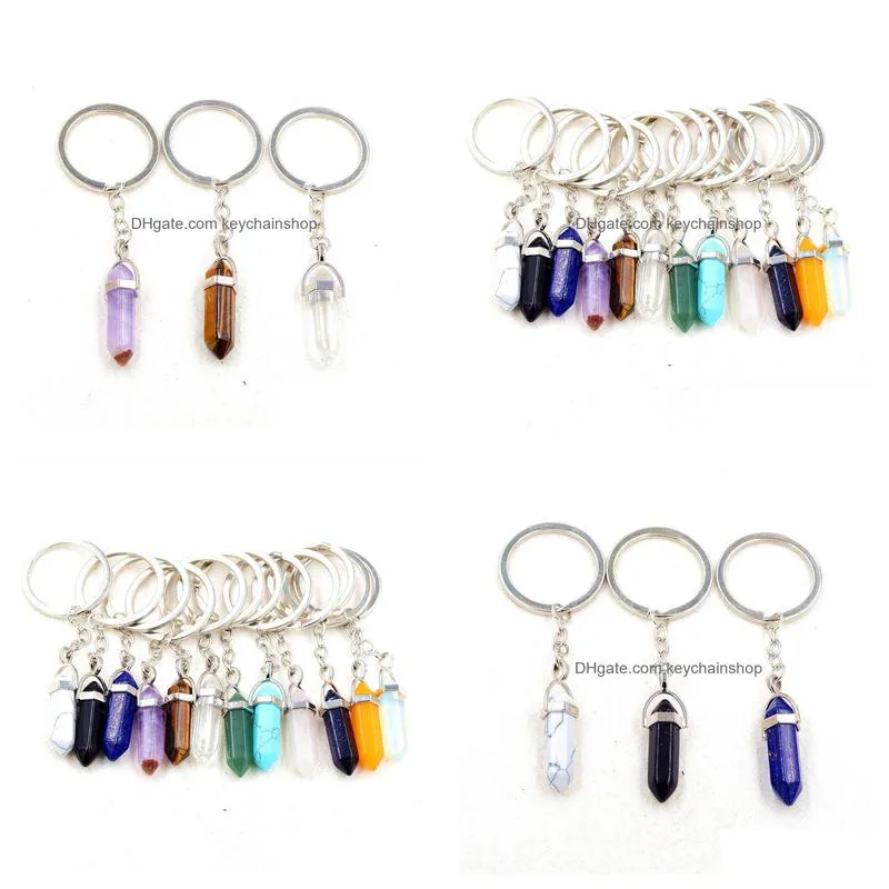 Healing Reiki Chakra Carved Hexagon Natural Stone Key Rings Pendant Keychain Crystal Chakras Quartz Chains Jewelry Accessories Drop D Dh6Yo